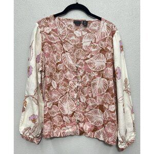 Tahari 100% Linen Floral Top Size Small Ivory & Pink Button Up Cottage Boho